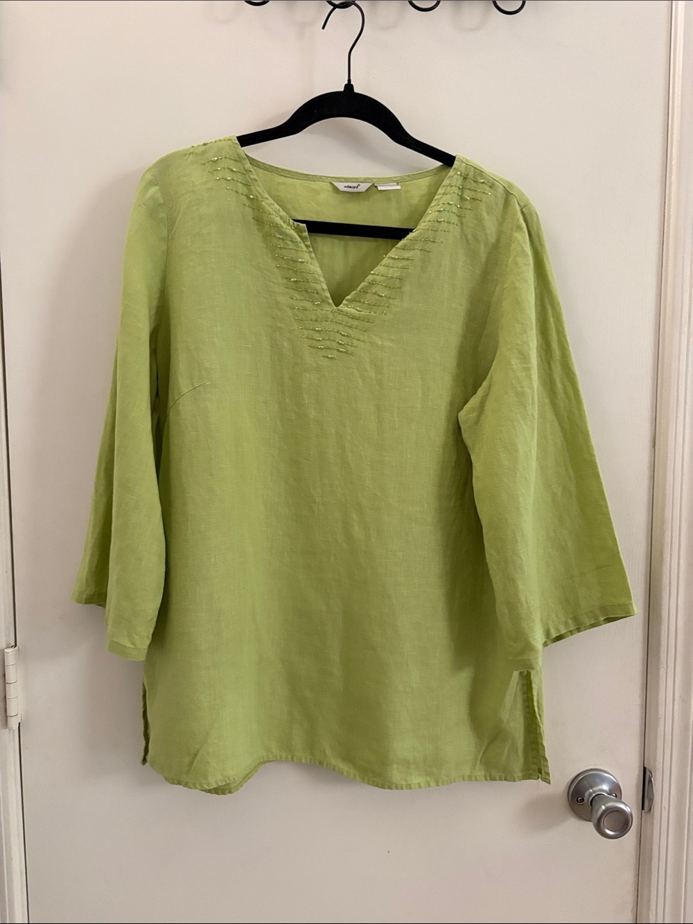 Edward 100% Linen Beaded Neckline Split V-Neck Tunic Green Vintage Lagenlook XL